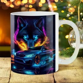 1pc 11oz Ceramic Coffee Mug with 3D Wolf and Sports Car Design, Durable Drinkware for Hot and Cold Beverages,