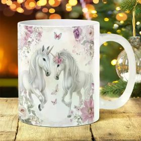 1pc 11oz Whimsical Unicorn & Floral Ceramic Coffee Mug - Durable Porcelain Drinkware with Delicate Butterfly Accents,