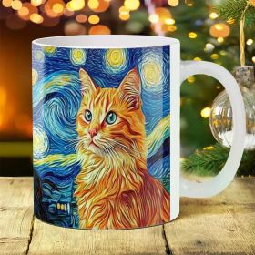 1pc 11oz Van Gogh-Inspired Cat Art Ceramic Mug - Durable White Porcelain Drinkware for Coffee, Tea, Milk - Ideal for
