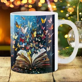 1pc 11oz Whimsical Butterfly & Book Design Ceramic Mug - Perfect for Coffee, Tea, Milk | Durable Drinkware with Artistic