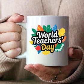 1pc, Stylish 11oz Ceramic Mug, Happy Teachers' Day White Coffee Cup, Durable Drinkware for Summer and Winter,