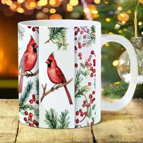 1pc Ceramic Coffee Mug, Cardinal Bird & Holly Design, Durable Porcelain Drinkware, Ideal for Home & Office, with