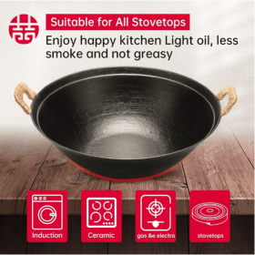WANGYUANJI 14.96 Handmade Wok, Cast Iron Wok Pan, Large Flat Bottom Wok Stir With Dual Handle And Wooden Lid, Suitable For All Cooktops, Uncoated (Color: Black)