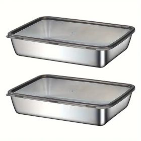 Extra-thick And Deepened Stainless Steel Square Plate Flat-bottomed Lunch Box, Food Storage Container, Fresh-keeping Box, Salad Making Cutlery - (Option: 2pcs)